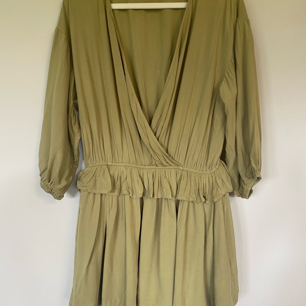 Cute Easel Romper Olive Green 3/4 sleeves, Ruffle Size Small Trending Now